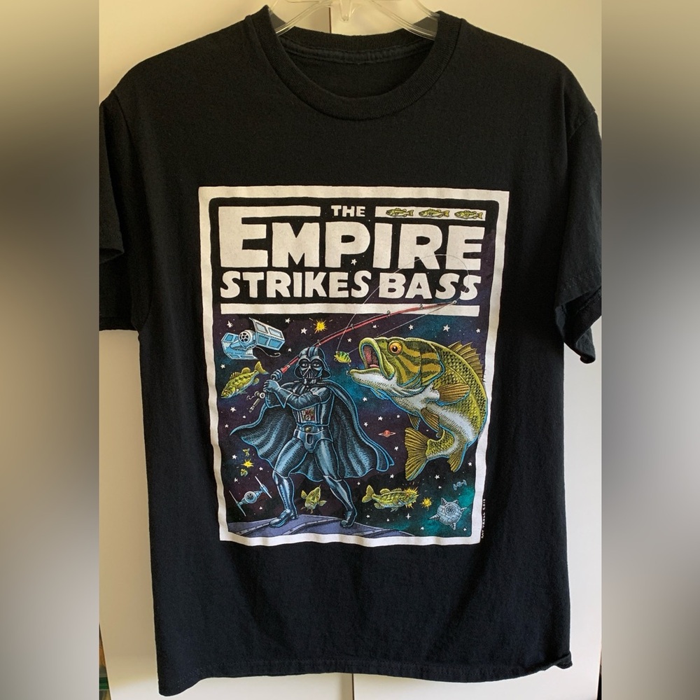 Black Graphic T-Shirt with spoofed Star Wars theme βThe Empire Strikes Bassβ